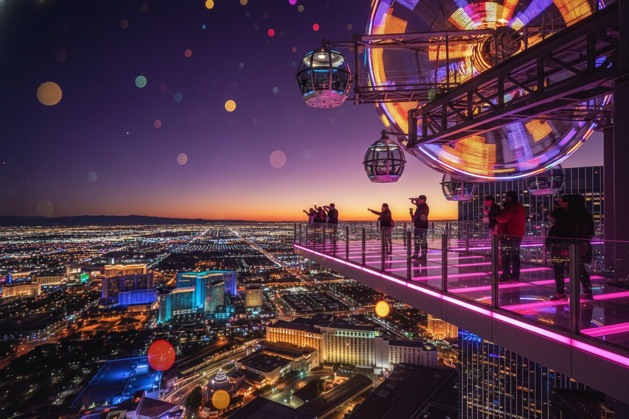 A thrilling Las Vegas observation deck and attraction lit at night.