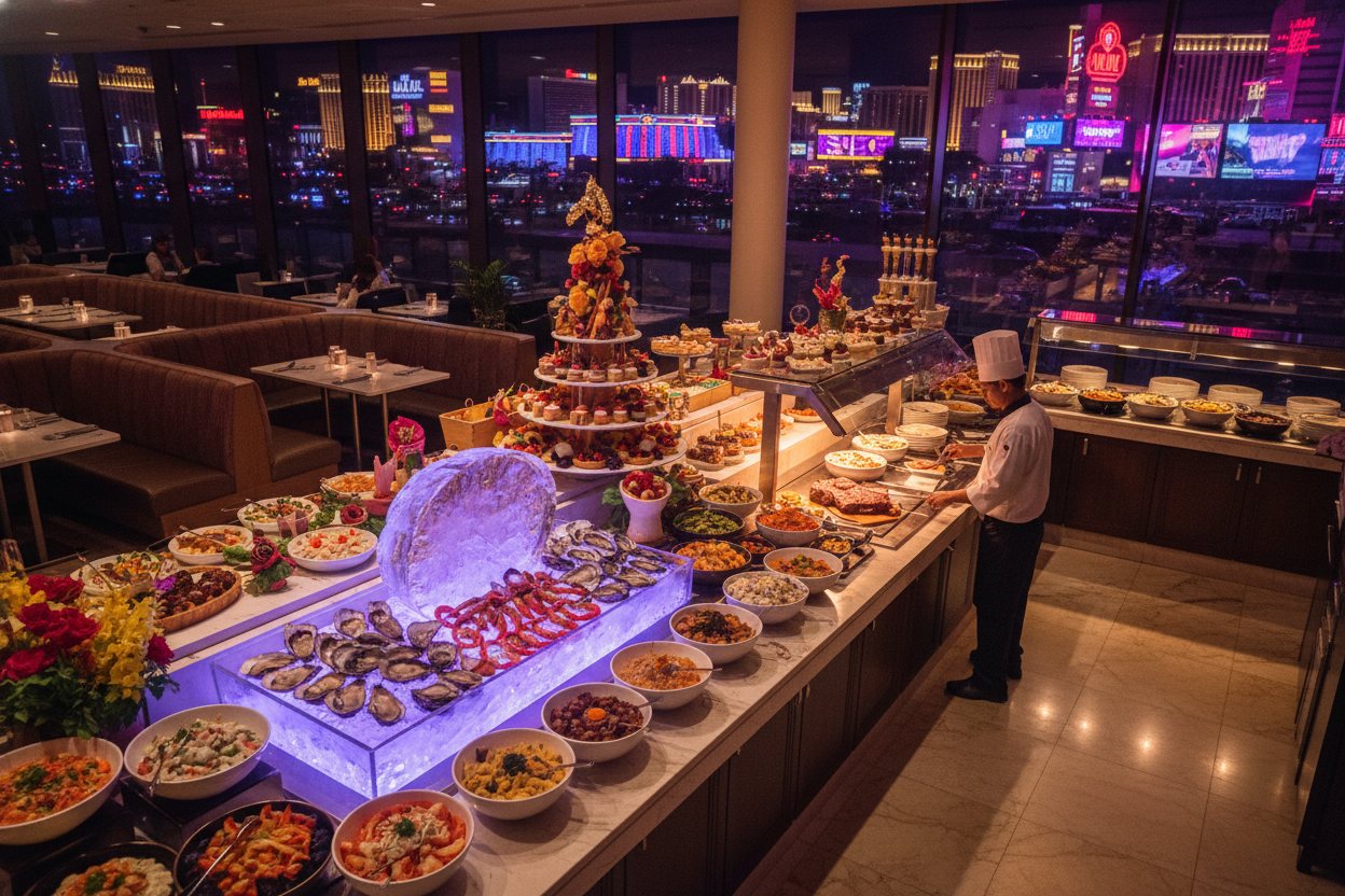 An elegant Las Vegas buffet spread with abundant dishes.