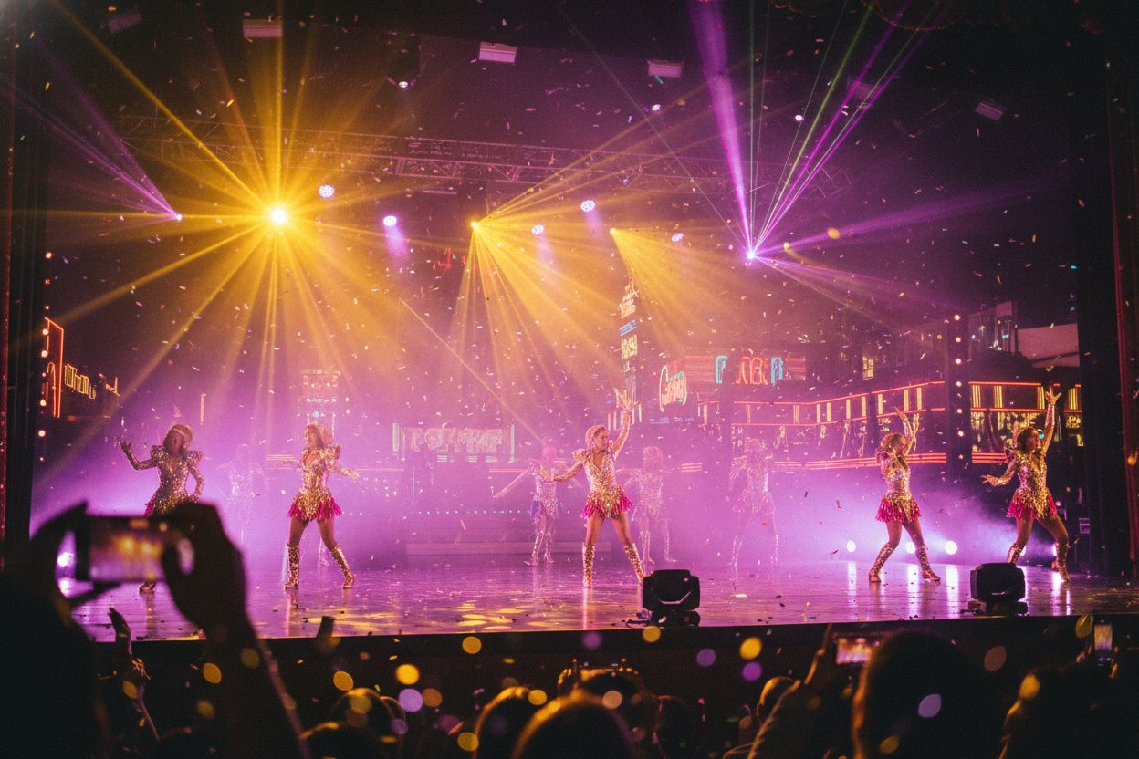 A dazzling Las Vegas stage show lit with colorful lights.