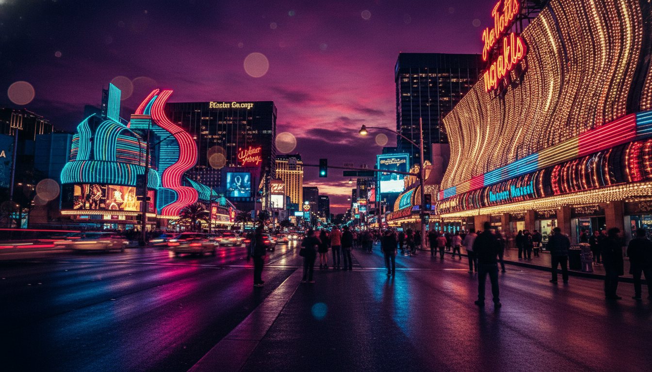 The Las Vegas Strip glowing with neon and lights at night.